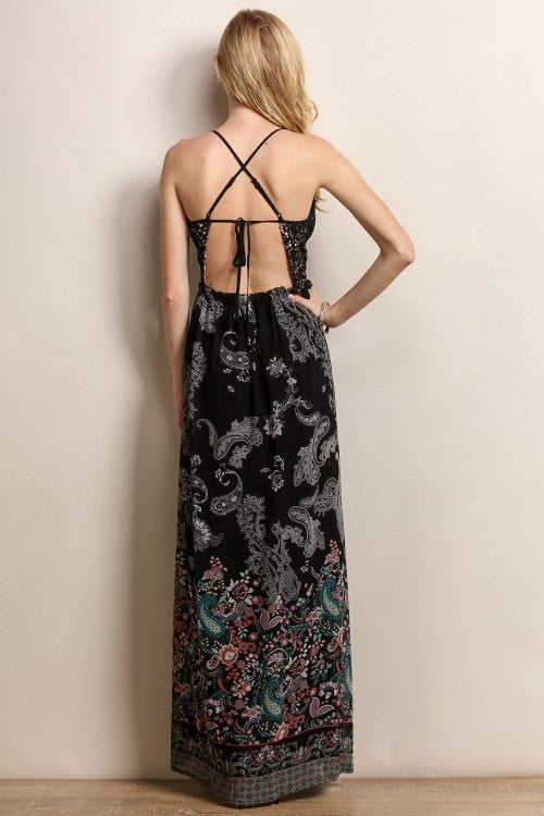 Crochet Floral Print Maxi Dress