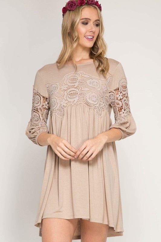 Taupe 3/4 Sleeve Shift Dress With Crochet Lace Trim Summer Clearance M Taupe 3/4 Sleeve Shift Dress With Crochet Lace Trim Summer Clearance M