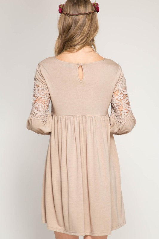 Taupe 3/4 Sleeve Shift Dress With Crochet Lace Trim Summer Clearance M Taupe 3/4 Sleeve Shift Dress With Crochet Lace Trim Summer Clearance M
