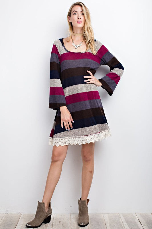 Color Block Stripe Knit Dress W/ Lace