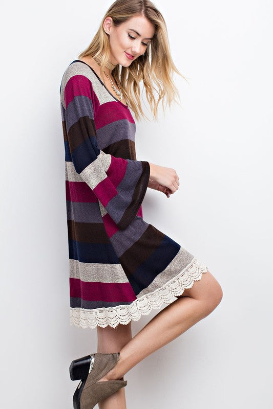 Color Block Stripe Knit Dress W/ Lace