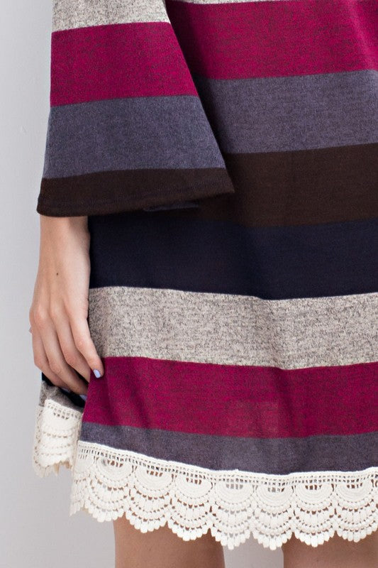 Color Block Stripe Knit Dress W/ Lace
