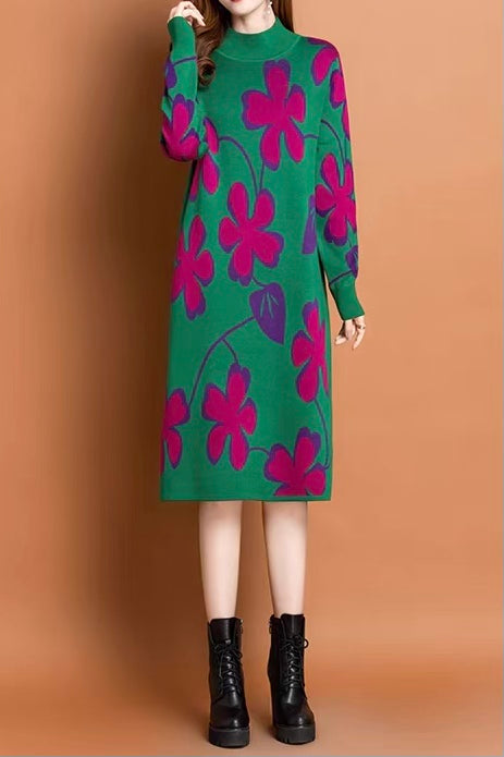Cute Flower Sweater Dress with Contrast Color