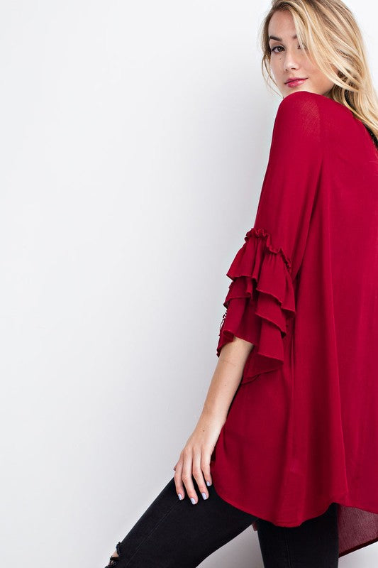Red Tribal Print Neck A-Line Dress with Ruffle Sleeve | Dress Album M Red Tribal Print Neck A-Line Dress with Ruffle Sleeve | Dress Album M