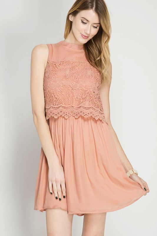 Layered Dress W/ Lace Contrast Layered Dress W/ Lace Contrast