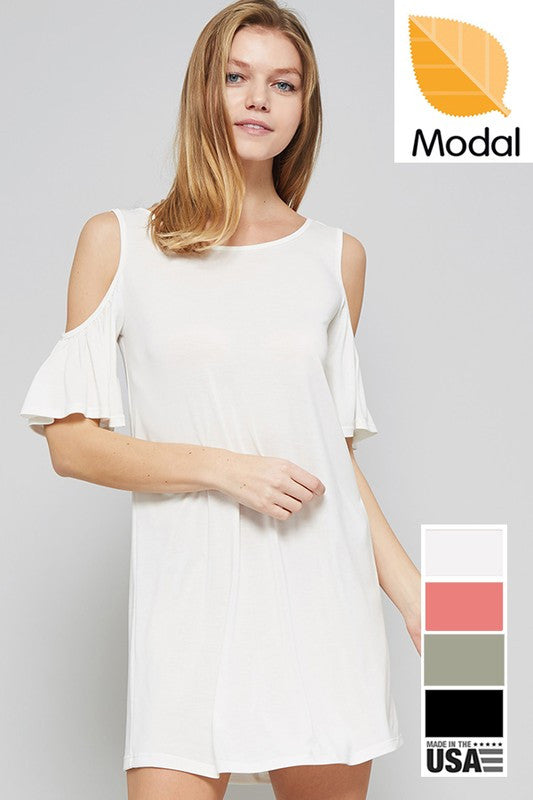 Cutout Modal Dress W/ Ruffled Sleeves