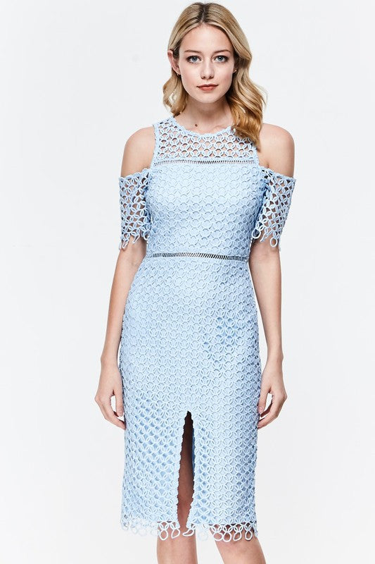 Blue Lace Overlay Cold Shoulder Dress | INA Dress L Blue Lace Overlay Cold Shoulder Dress | INA Dress L