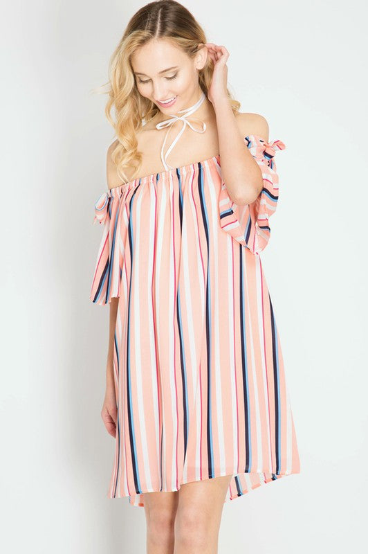 Striped Off Shoulder Silk Dress