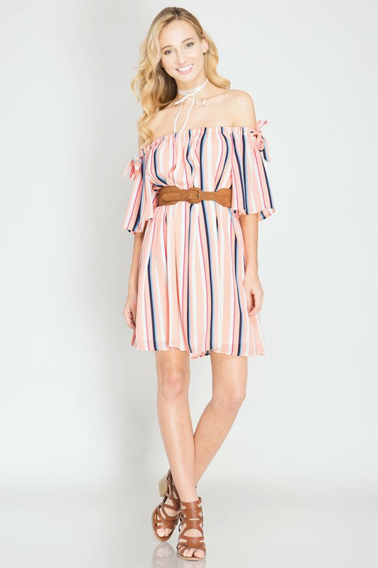 Striped Off Shoulder Silk Dress