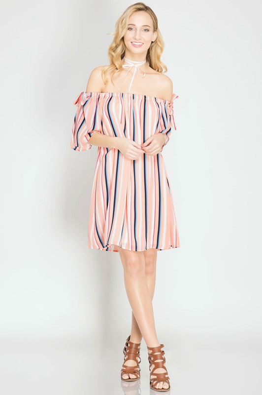 Striped Off Shoulder Silk Dress