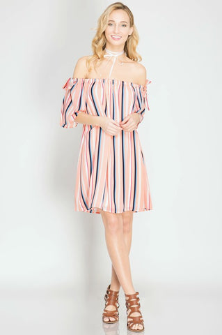 Striped Off Shoulder Silk Dress