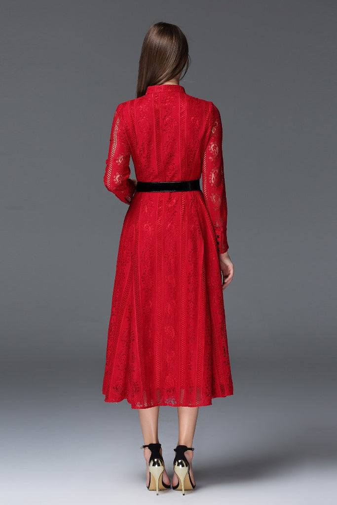 Button Front Lace Long Dress - Dress Album