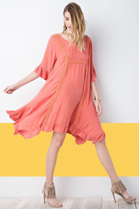 Apricot Oversize Peasant Dress With Crochet Detail Apricot Oversize Peasant Dress With Crochet Detail