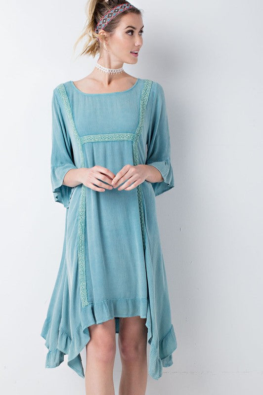 Blue Oversize Peasant Asymmetrical Hem Dress With Crochet Detail M Blue Oversize Peasant Asymmetrical Hem Dress With Crochet Detail M