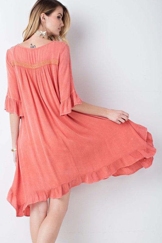 red peasant dress Apricot Oversize Peasant Dress With Crochet Detail