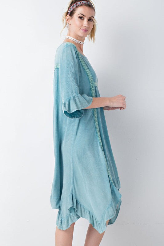 Blue Oversize Peasant Asymmetrical Hem Dress With Crochet Detail M Blue Oversize Peasant Asymmetrical Hem Dress With Crochet Detail M