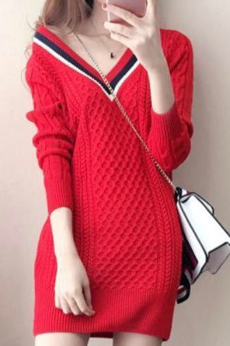 V Neck Knit Mini Dress