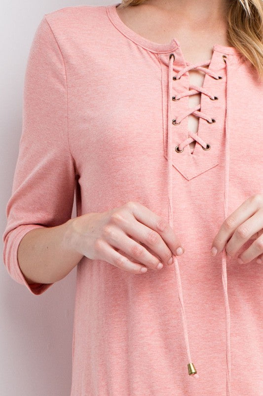 Pink Long Sleeve Lace Up Babydoll Stretchy Mini Dress | Dress Album S Pink Long Sleeve Lace Up Babydoll Stretchy Mini Dress | Dress Album S