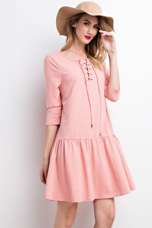 Pink Long Sleeve Lace Up Babydoll Stretchy Mini Dress | Dress Album S Pink Long Sleeve Lace Up Babydoll Stretchy Mini Dress | Dress Album S