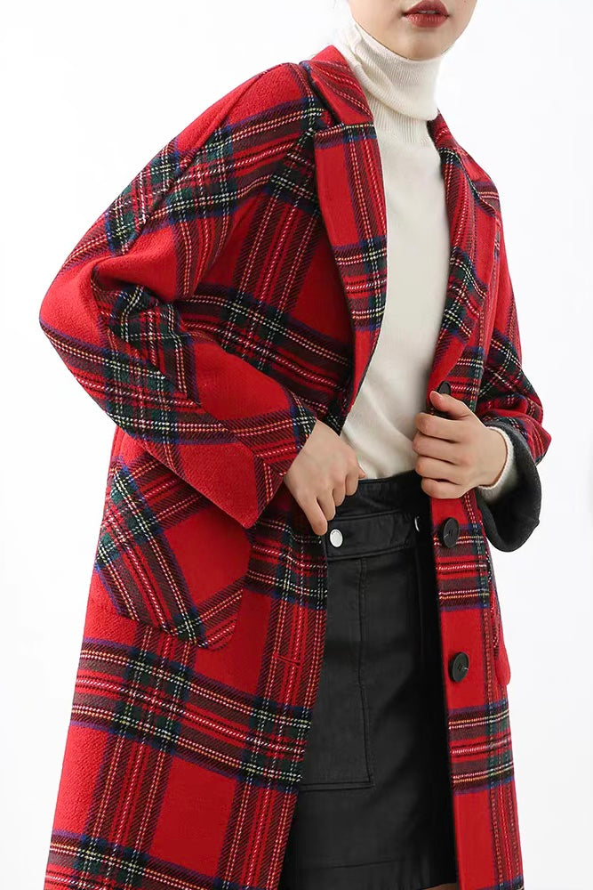 Red Plaid Wool Coat