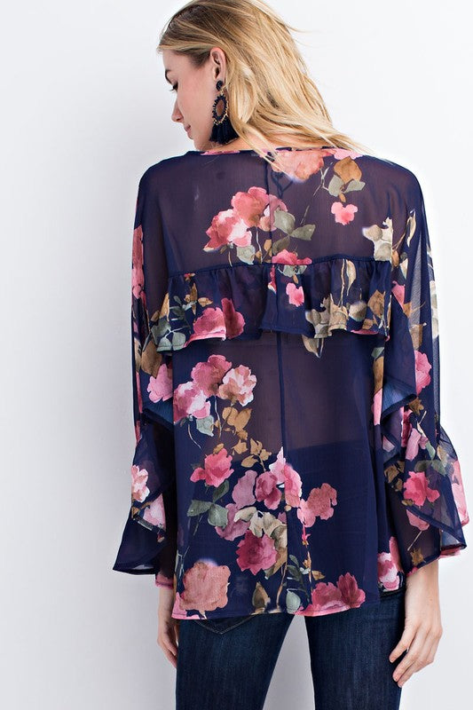 Floral Sheer Chiffon Top W/ Ruffle