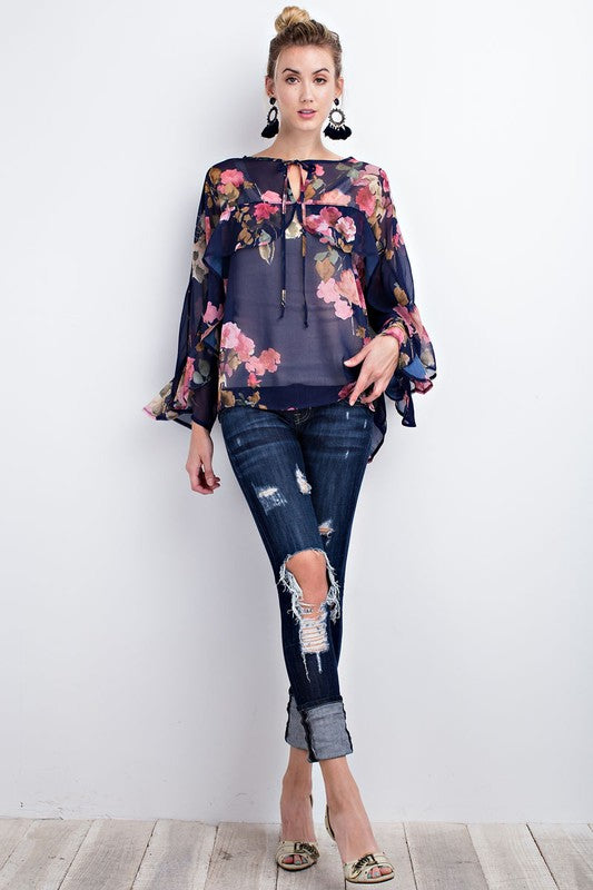 Floral Sheer Chiffon Top W/ Ruffle