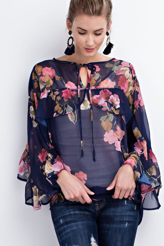 Floral Printed Sheer Chiffon Shirt with Ruffle Details (STO654B
