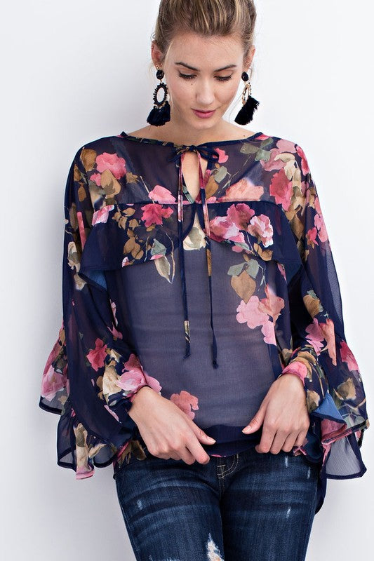 Floral Sheer Chiffon Top W/ Ruffle