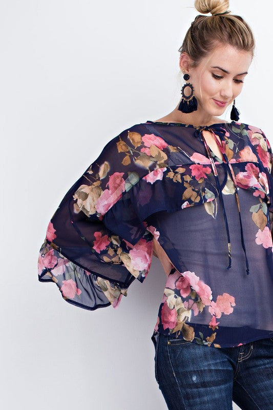 Floral Sheer Chiffon Top W/ Ruffle