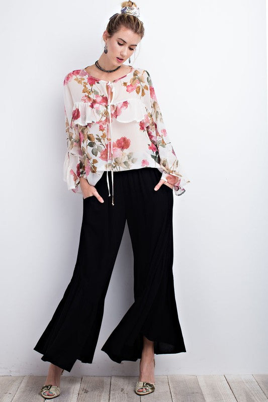 Floral Sheer Chiffon Top W/ Ruffle