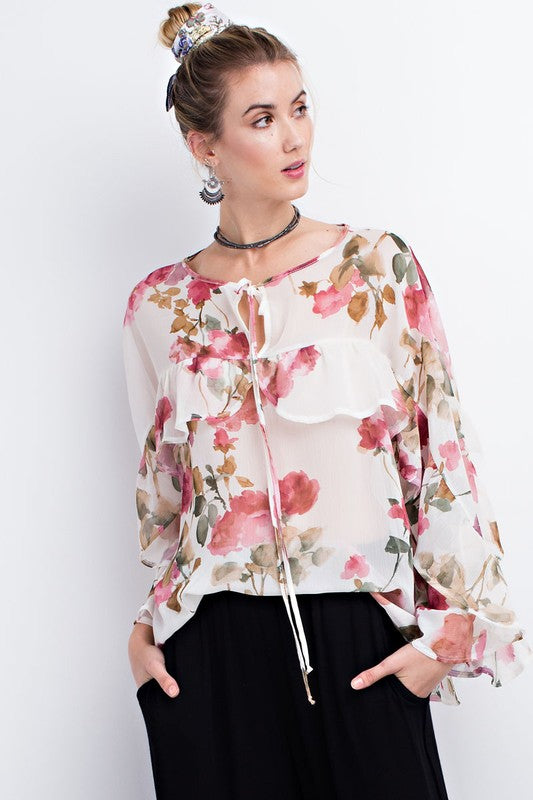 Floral Sheer Chiffon Top W/ Ruffle