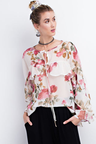 Floral Sheer Chiffon Top W/ Ruffle