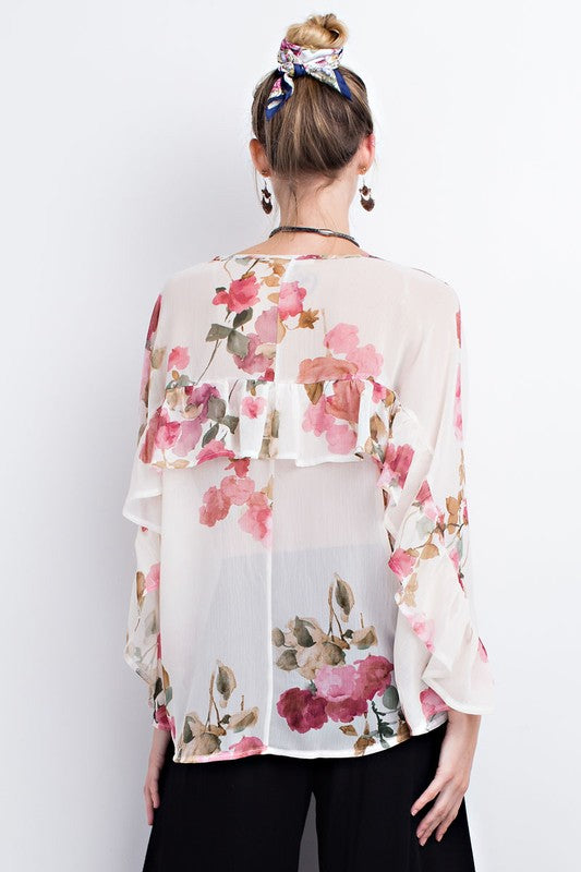 Floral Sheer Chiffon Top W/ Ruffle