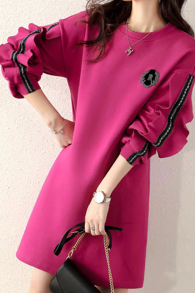 Rose Sweatshirt Dress W/ Ruffle