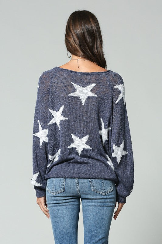 Star Print Wide V Neck Top