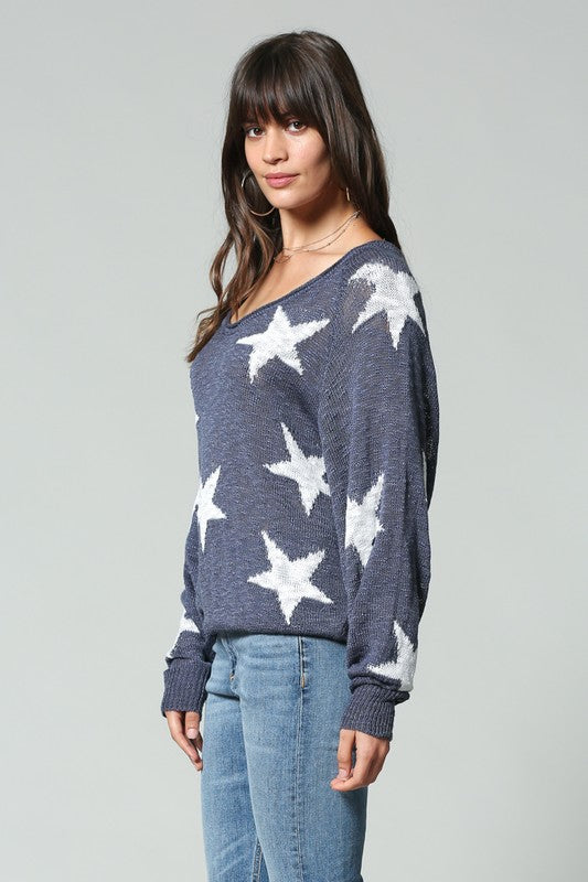 Star Print Wide V Neck Top