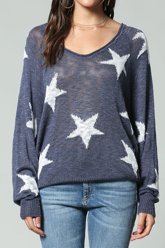 Star Print Wide V Neck Top
