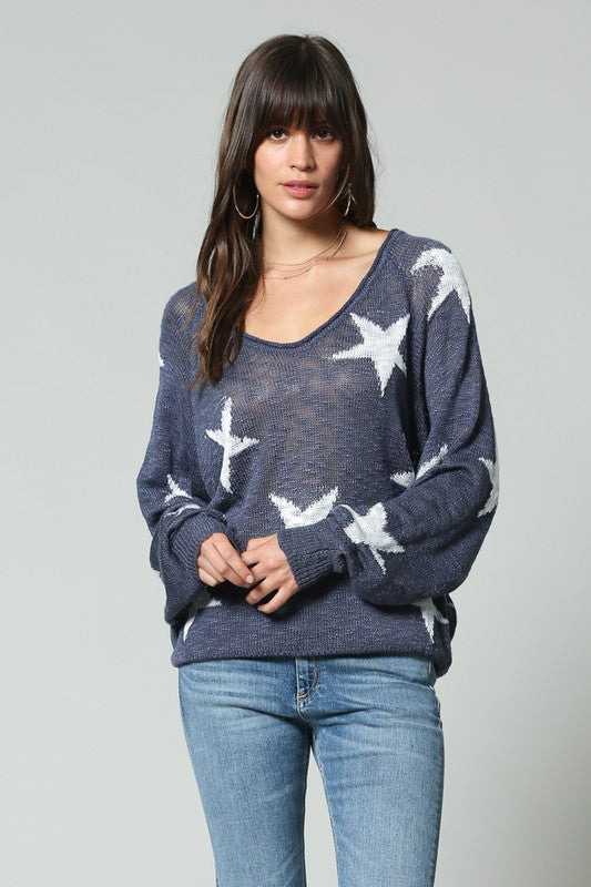 Star Print Wide V Neck Top