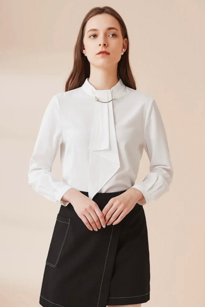 Long Sleeve Blouse W/ Pearl Tie