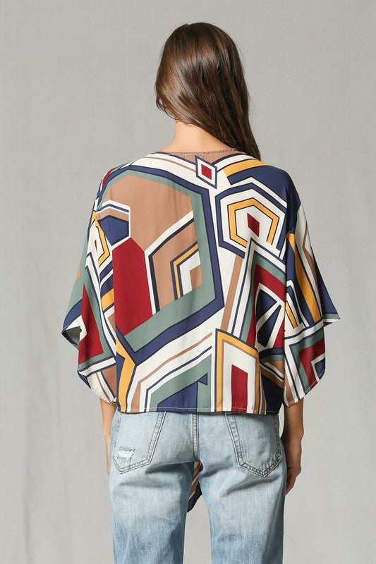 Geometric Print V Neck Blouse