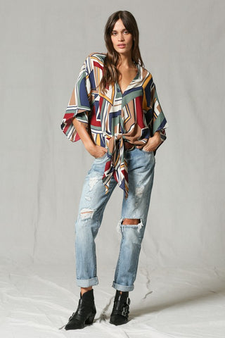 Geometric Print V Neck Blouse