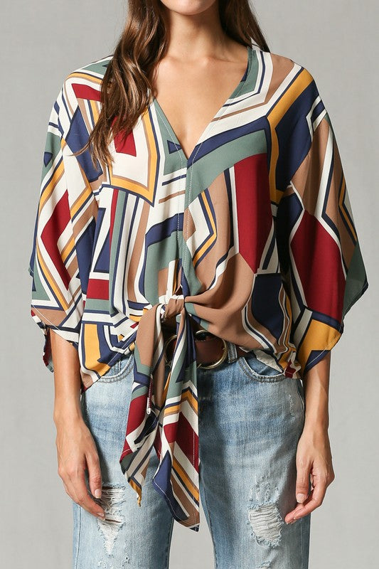 Geometric Print V Neck Blouse