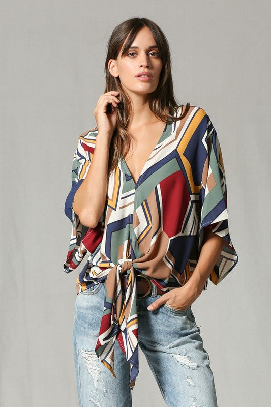 Geometric Print V Neck Blouse