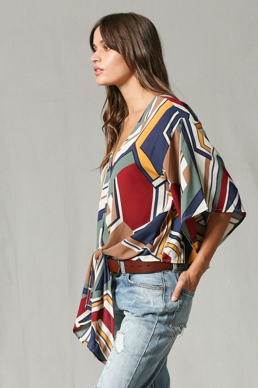 Geometric Print V Neck Blouse