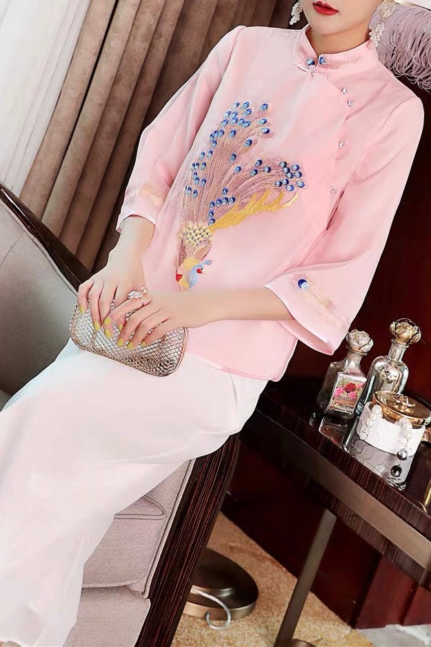 Pink Peacock Embroidered Qipao Top