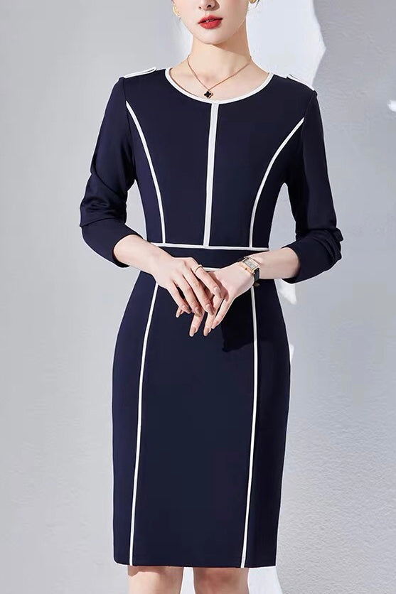 Navy White Color block Work Dress