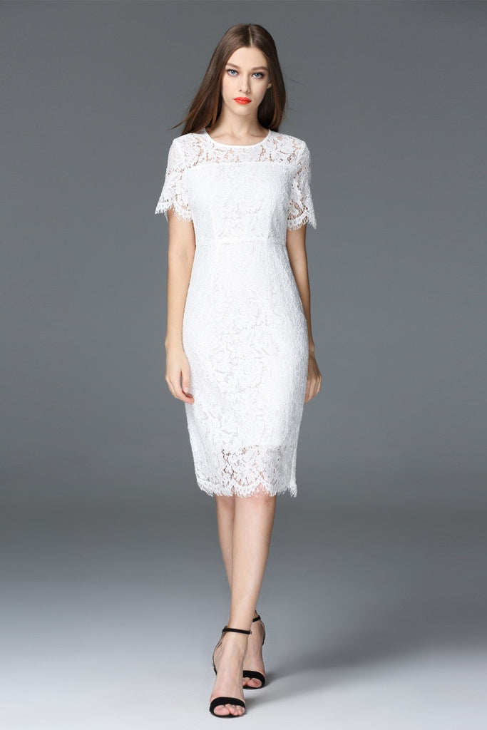 All-Over Lace Short Sleeve Dress - Dress Album