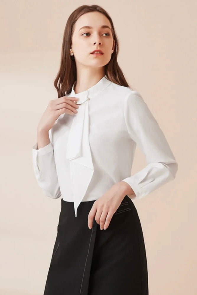 Long Sleeve Blouse W/ Pearl Tie