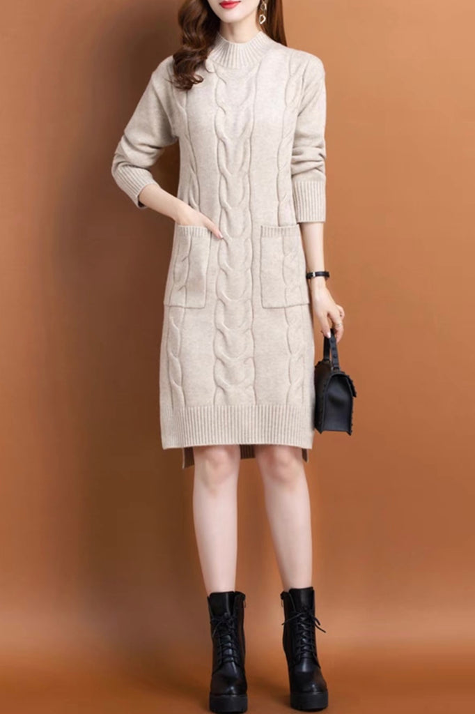 Slit Cable Knit Wool Dress