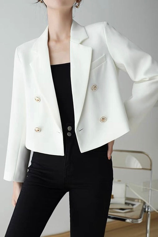 White and Black Trendy Blazer Double Breasted Short Jacket |DressAlbum Black L (US 8) White and Black Trendy Blazer Double Breasted Short Jacket |DressAlbum Black L (US 8)